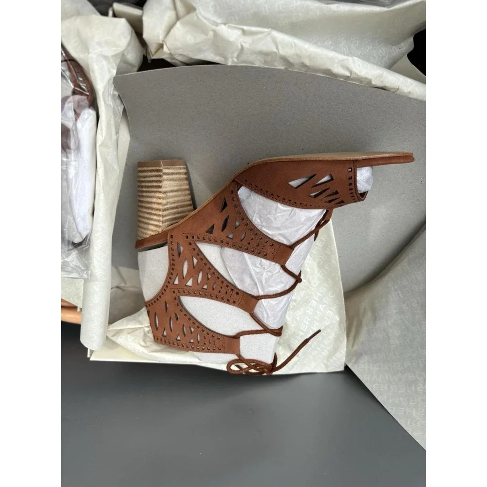 Marc Fisher Womens Sandals 7 M Leather Block Heel nubuck suede Qmpetite Cognac